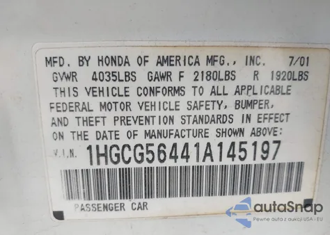 2001 Honda Accord 2.3 Lx z USA, uszkodzony, nr VIN 1HGCG56441A145197